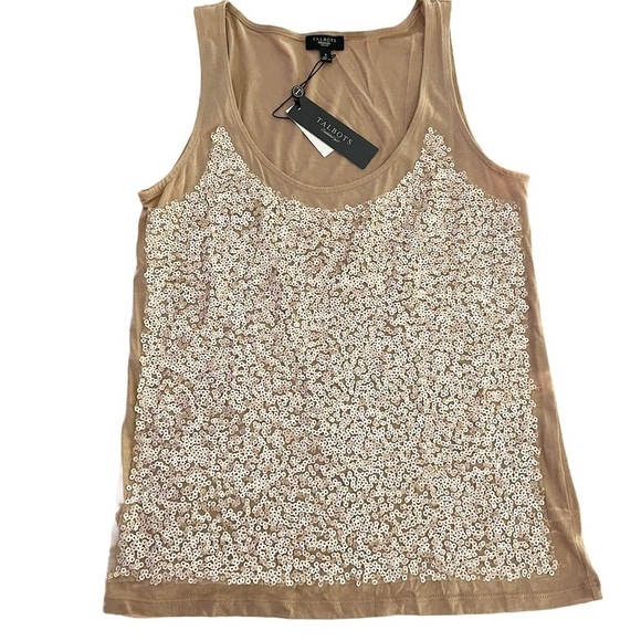 ✨NEW!✨ TALBOTS Women’s Tan Sequin Petite Tank Top - Small - Picture 2 of 10